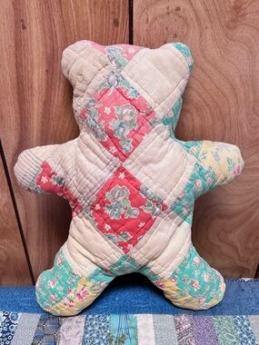 Quilted Patchwork Teddy Pillow - Pink, Cream, Mint Floral